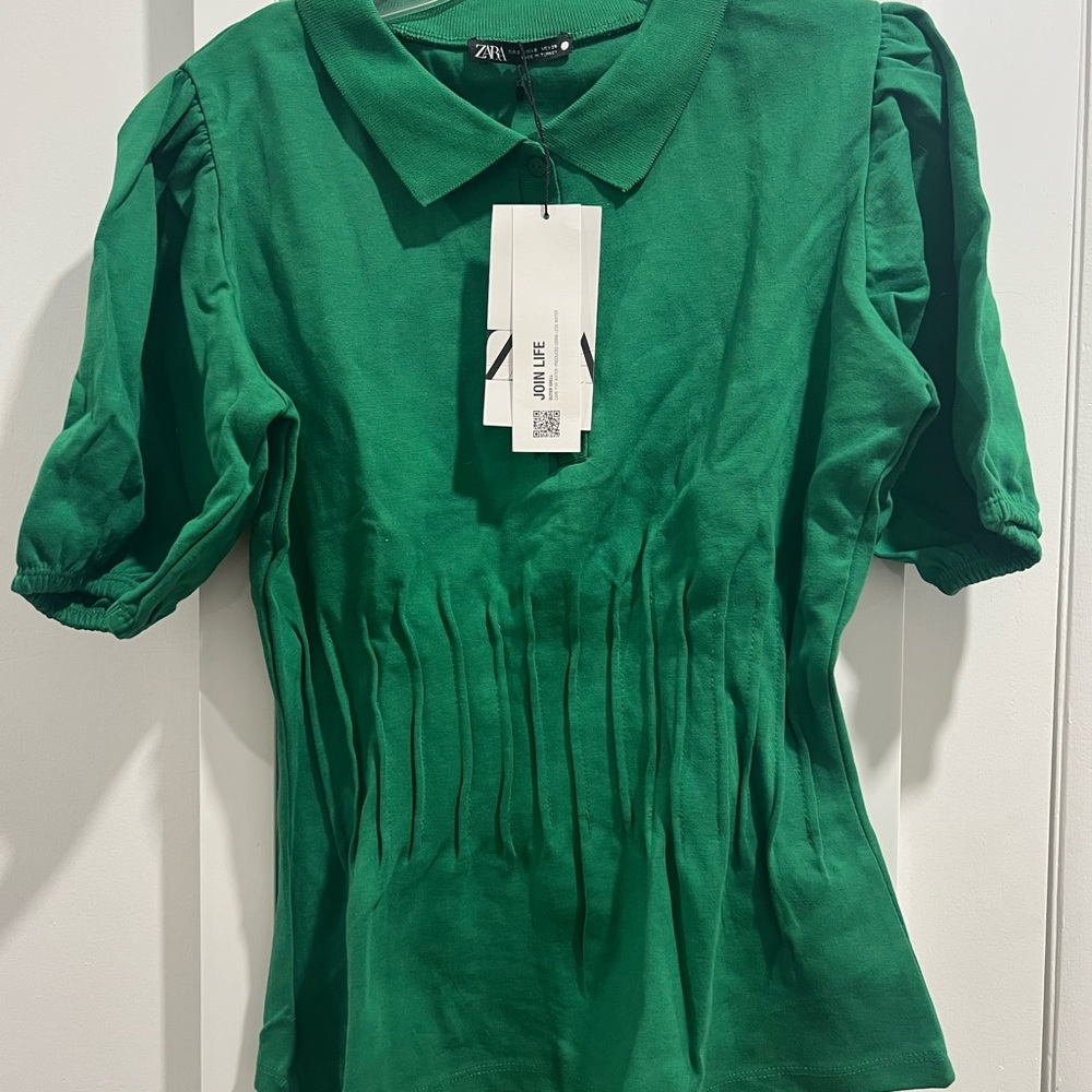 NWT Zara Green Puff Sleeve Blouse with Peter Pan Collar